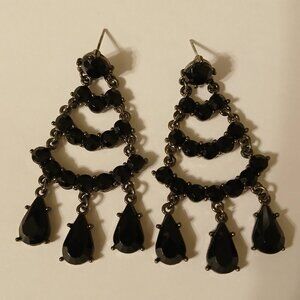 Women's Elegant Deco Style Black Faux Gemstone Dangle Drop Chandelier Earrings